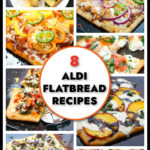 A picture collage of Aldi flatbread with text overlay.