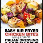 Closeup of a white plate with a serving of low carb air fryer chicken bites and vegetables and text overlay.