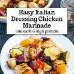 A white bowl and plate with the air fryer chicken bites with vegetables and text overlay.