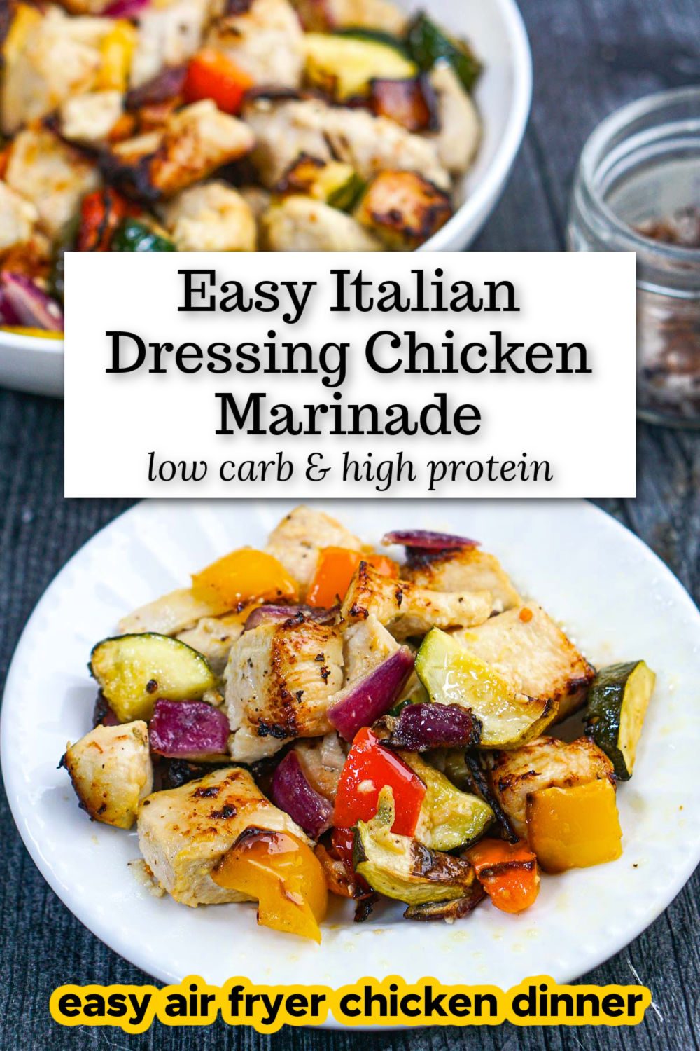 A white bowl and plate with the air fryer chicken bites with vegetables and text overlay.