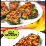 Closeup of a low carb bbq pulled pork stuffed poblano pepper with a plateful in the background and text overlay.