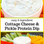 White bowl with keto cottage cheese pickle dip and veggies surrounding it and text overlay.