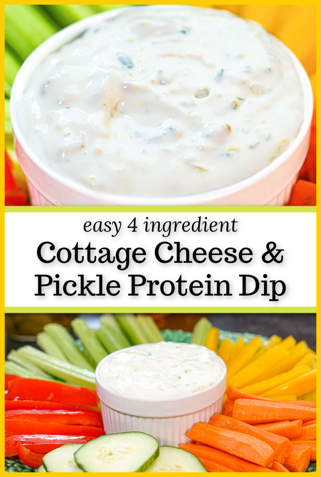 White bowl with keto cottage cheese pickle dip and veggies surrounding it and text overlay.