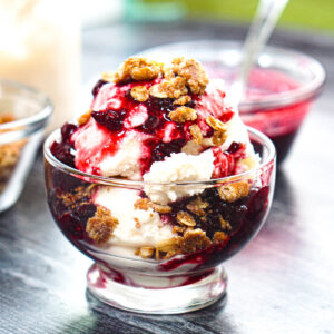 Closeup of a serving of low carb berry crumble ice cream.
