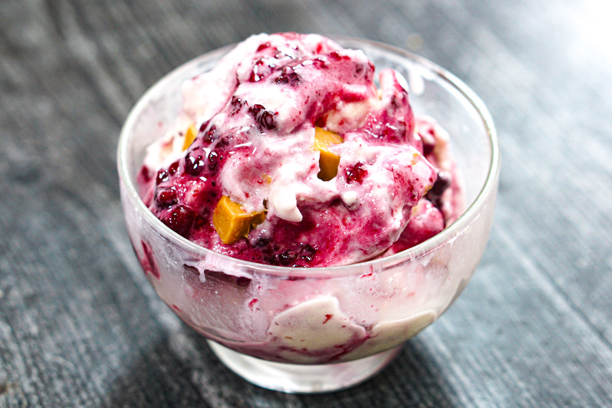 Closeup up of a dessert dish with a serving of the finished recipe.
