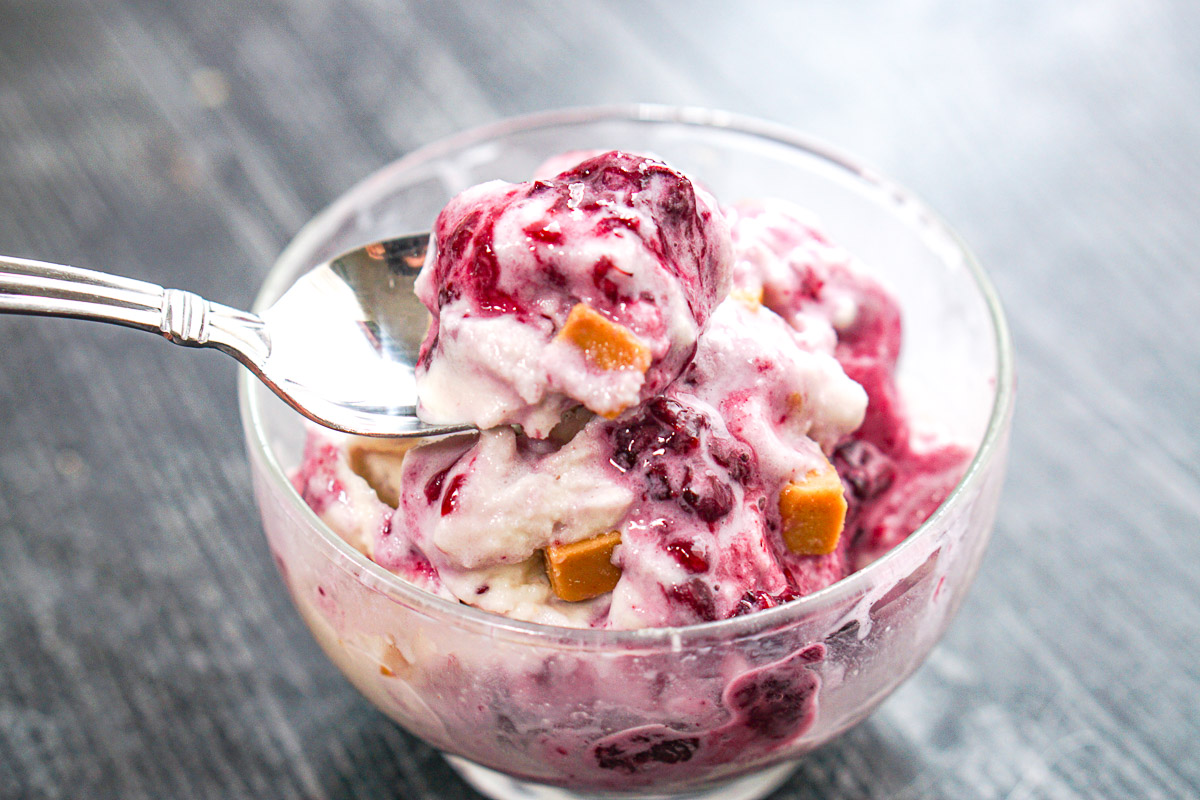 A spoonful of the finished  sugar free pb&j ice cream.