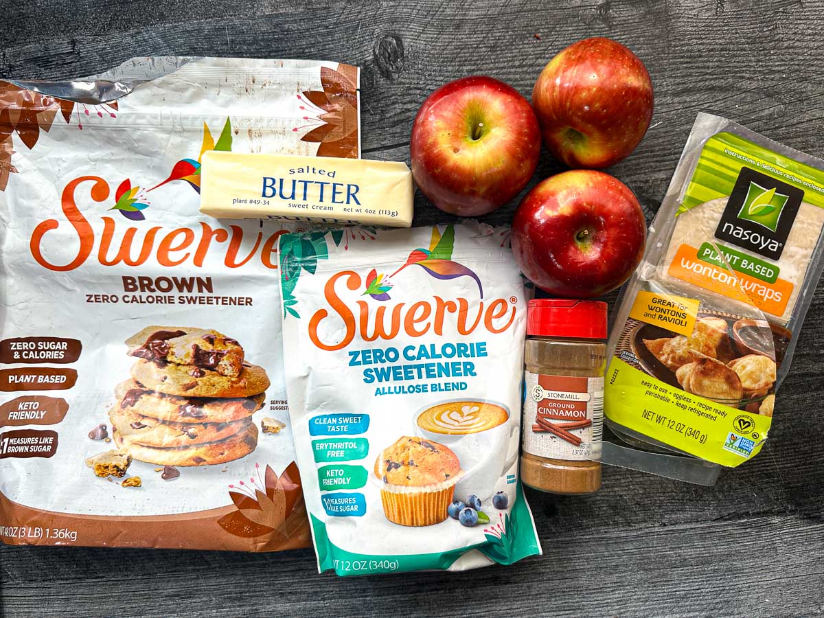 Recipe ingredients - apples, butter, wonton wrappers, sweeteners and cinnamon.