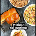 Aerial view of the bbq sliders on a baking tray and white plate with a bowl of pulled pork and a bowl of slaw and text.