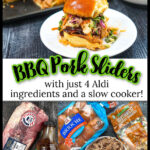 Ingredients and closeup of bbq pork sliders out of the oven showing the meat and sauce oozing out and text.