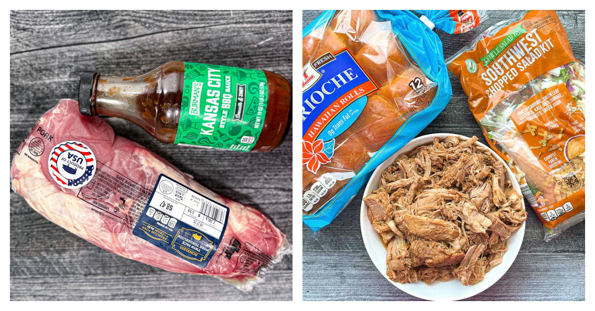 Collage of ingredients for recipe - pork tenderloin, bbq sauce, slider buns, southwest coleslaw bag