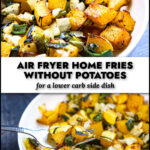 Close up of a white bowl with air fry delicata squash with peppers and onions and text overlay.