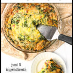 Aerial view of a pie pan with low carb ham and spinach crustless quiche with a white plate with a slice and text.