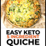 Aerial view of a pie pan with ham and spinach keto quiche and text.