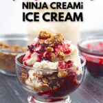 Closeup of a serving of low carb berry crumble ice cream and text overlay.