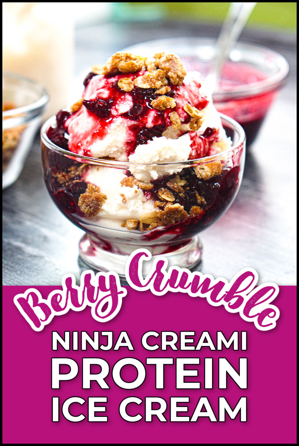 Closeup of a serving of low carb berry crumble ice cream and text overlay.