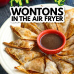 Closeup of a plate of the apple wontons with a a bowl of cinnamon brown sugar sauce and fresh apples and cinnamon sugar and text overlay.