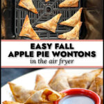 Closeup of an air fryer sugar free apple pie wonton with a bite taken out and text overlay.