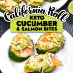 White plates with the cucumber salmon bites and text overlay.