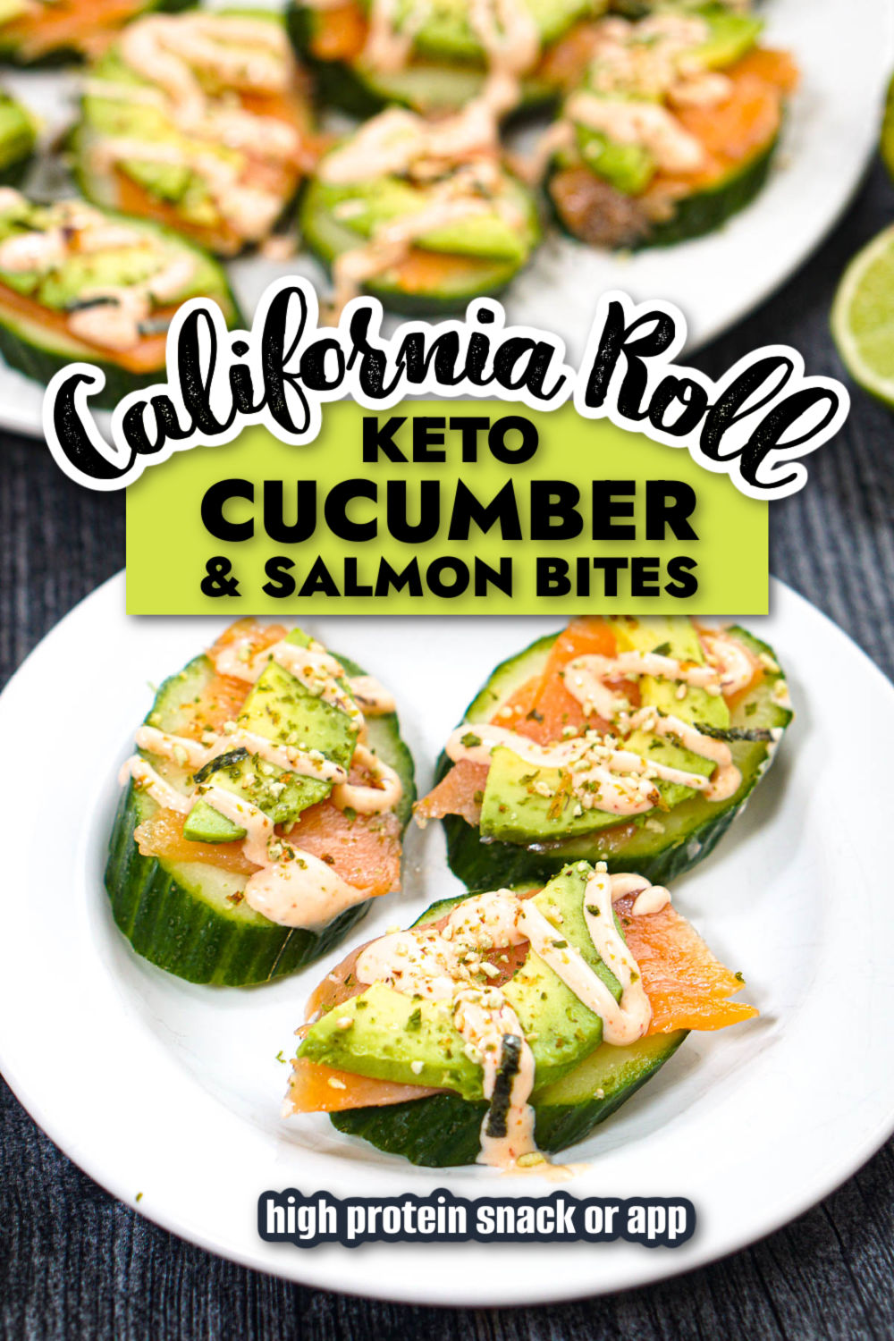 White plates with the cucumber salmon bites and text overlay.