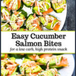 White plates with the cucumber salmon bites and text overlay.