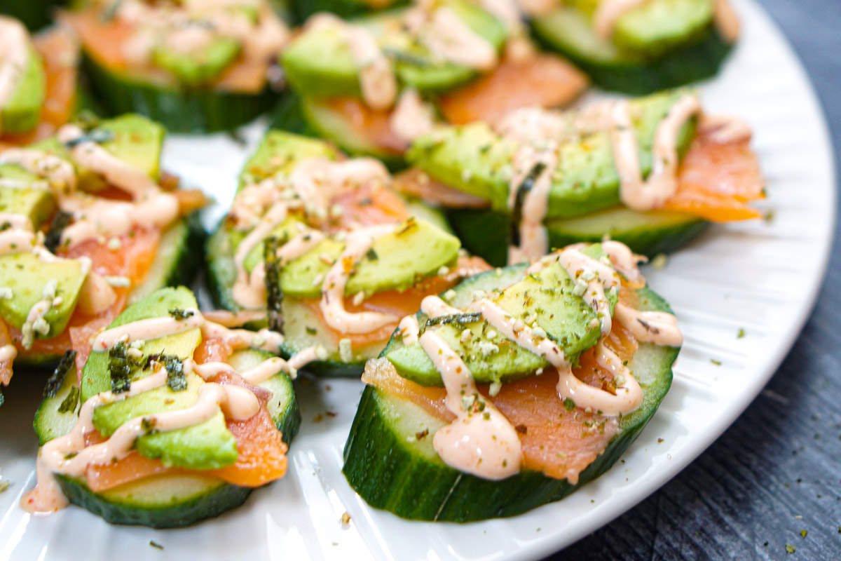 Closeup of the keto salmon cucumber bites. 
