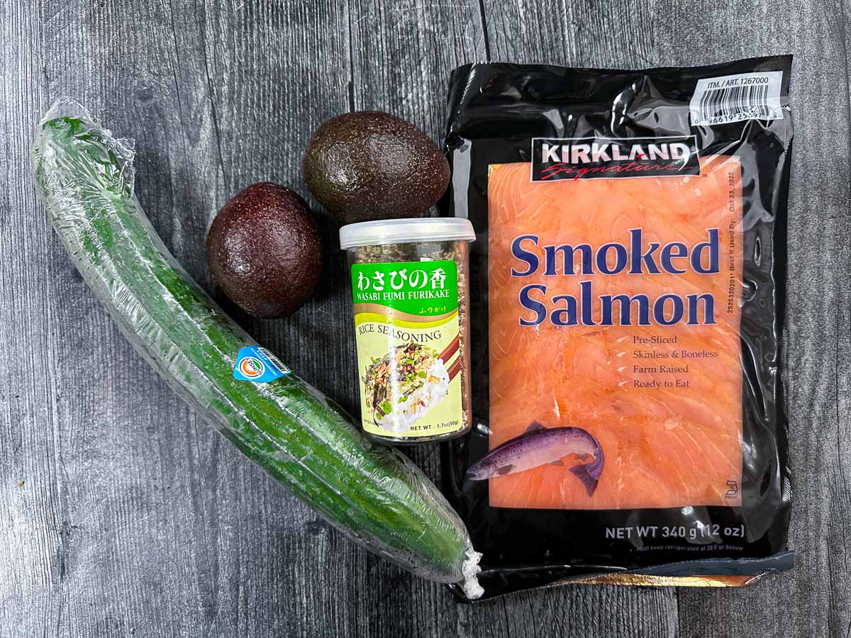 Recipe ingredients - English cucumber, Furikake flakes, avocado, smoked salmon
