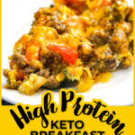 Closeup of a white plate with a serving of keto breakfast casserole and text overlay.