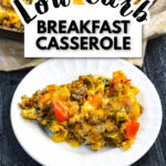 Closeup of a white plate with a serving of keto breakfast casserole and text overlay.