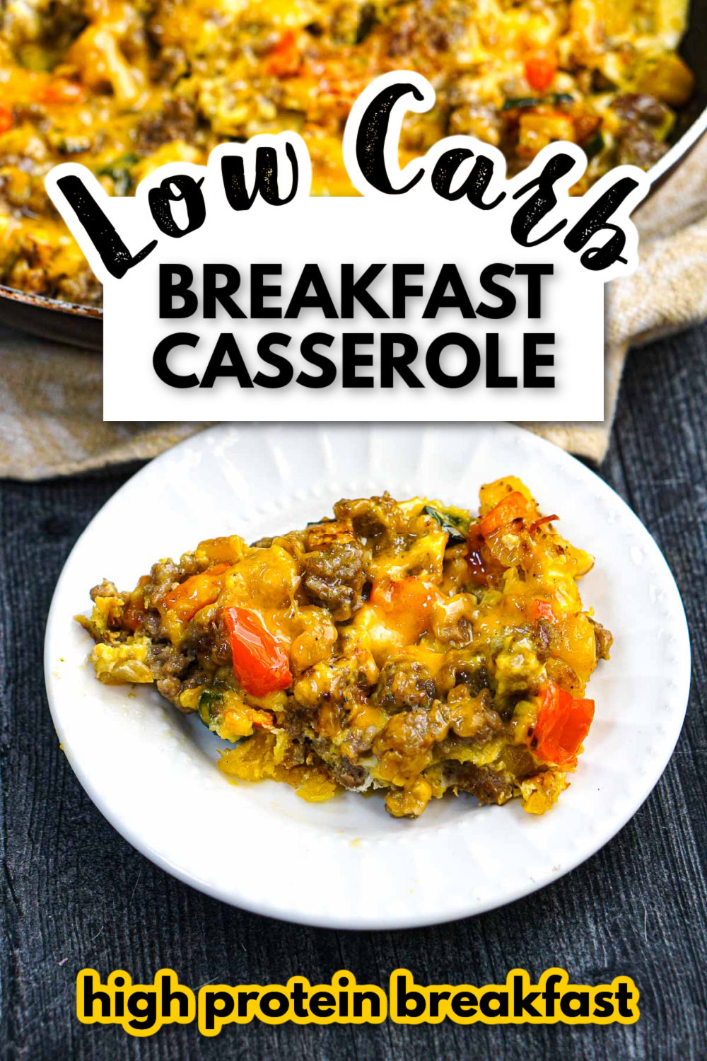 Closeup of a white plate with a serving of keto breakfast casserole and text overlay.