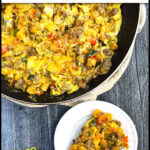 Aerial view of a skillet and plate with a keto breakfast casserole and text overlay.