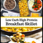 Ingredients and a closeup of a forkful of keto breakfast casserole and text overlay.