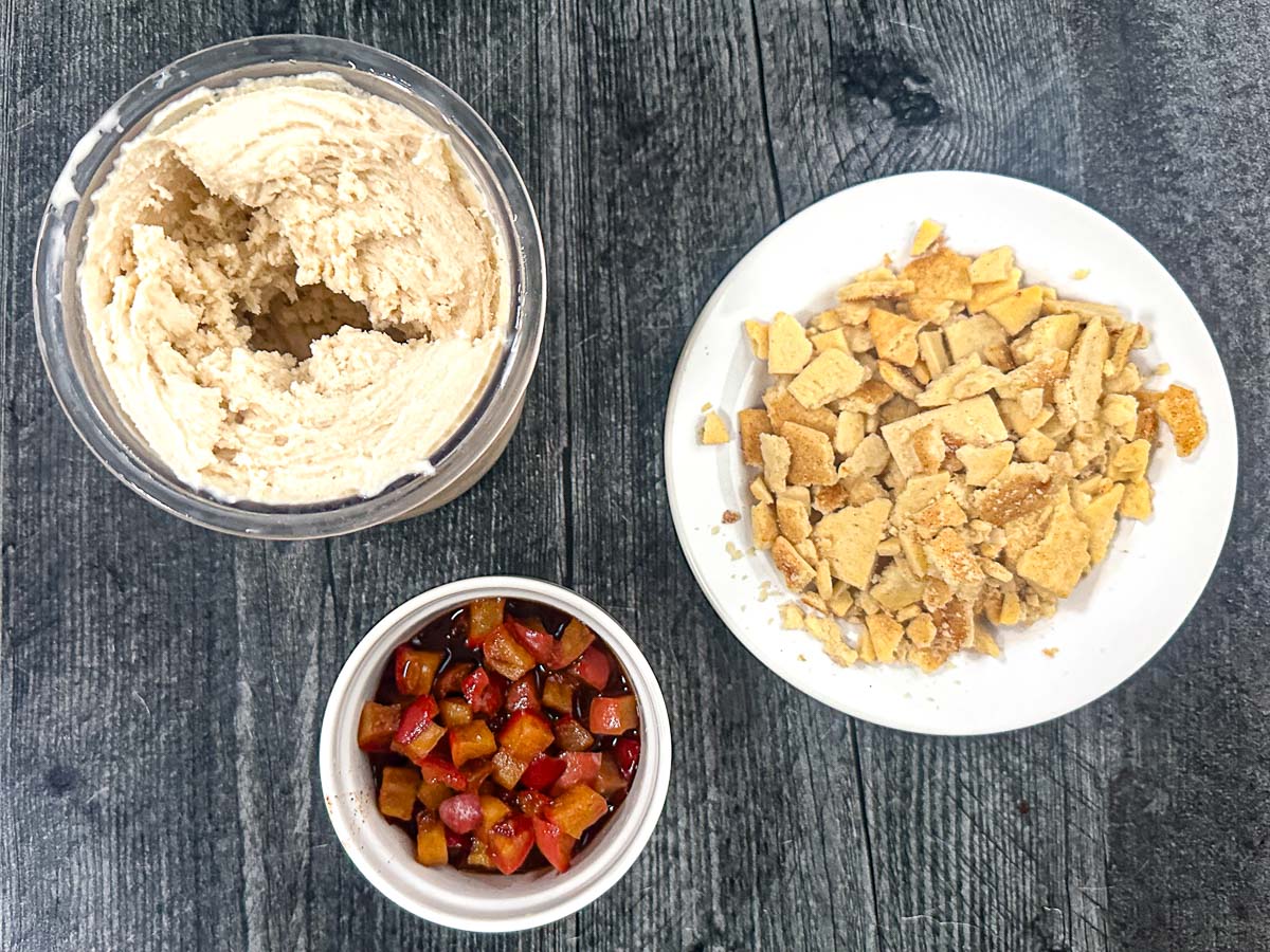 Recipe ingredients - cooked diced apples, crust crumbles, Ninja Creami protein ice cream.