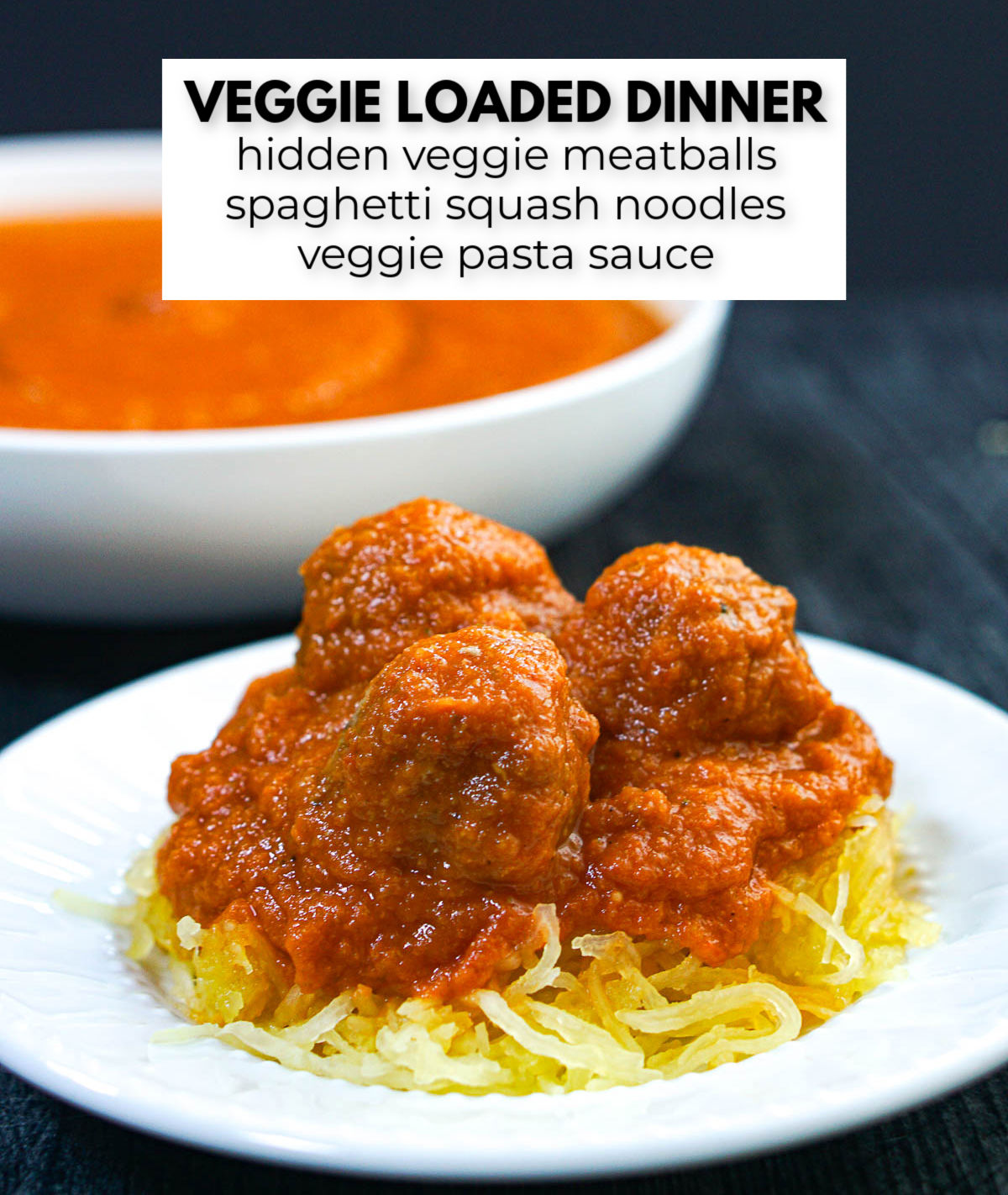 Plate with spaghetti squash topped with veggie meatballs and sauce with text overall.