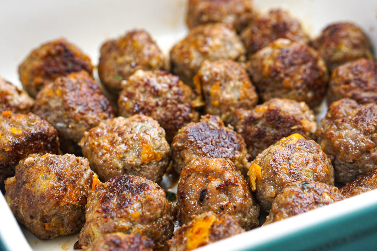 Closeup of a baking dish with the finished recipe.