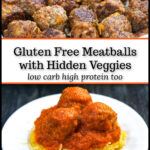 Baking dish with finished gluten free meatballs with veggies and a plate with spaghetti squash topped with veggie meatballs and sauce with text overall and text overlay.