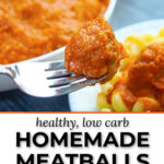 Closeup of a fork with a veggie meatballs on it that was mixed with pasta sauce and text.
