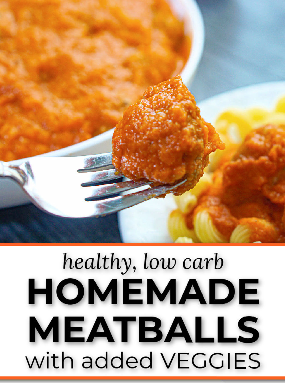 Closeup of a fork with a veggie meatballs on it that was mixed with pasta sauce and text.