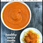 Aerial view of a white bowl with veggie pasta sauce and a white plate with pasta and sauce with text overlay.