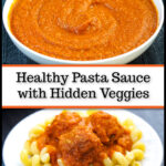 A white bowl with veggie pasta sauce and a white plate with pasta and sauce with text overlay.
