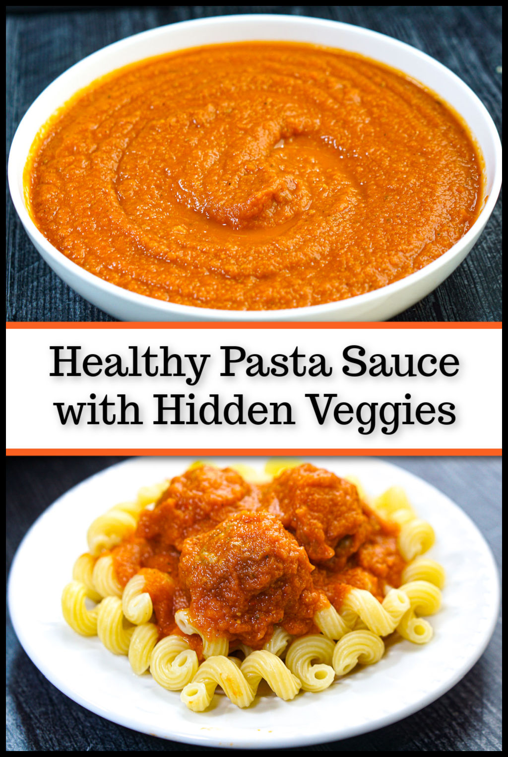 A white bowl with veggie pasta sauce and a white plate with pasta and sauce with text overlay.
