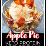 Closeup of a dessert cup with low carb Ninja Creami apple pie ice cream with diced cinnamon apples and pie crust crumbles with text overlay.