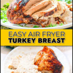 A platter and plate with carved air fryer turkey breast.