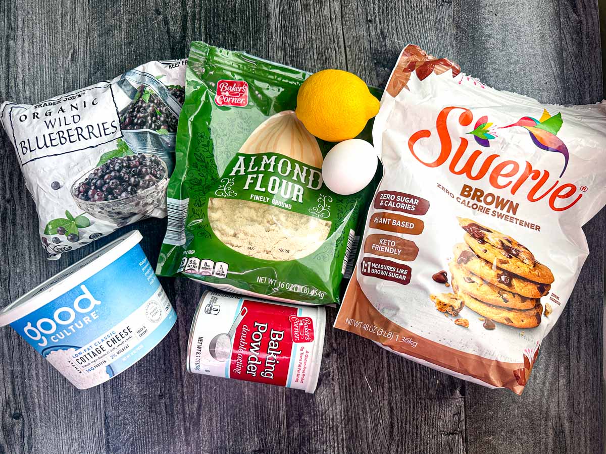 Recipe ingredients I used - mini blueberries, almond flour, cottage cheese, baking powder, egg, lemon and sweetener.