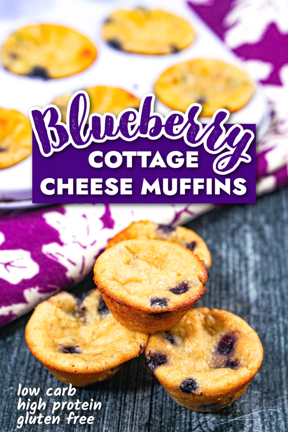 White plate with keto cottage cheese blueberry muffins with text.