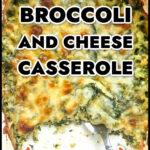 Aerial view of white baking dish and plate with keto broccoli spinach casserole and text overlay.
