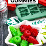 White star shaped bowl with keto candy using sugar free gummies recipe and Christmas candy molds in the background with text.