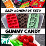 Ingredients and white star shaped bowl with sugar free gummy candy and Christmas candy molds with text.