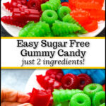 White plate with different flavor of keto gummy candy made from scratch with text overlay.