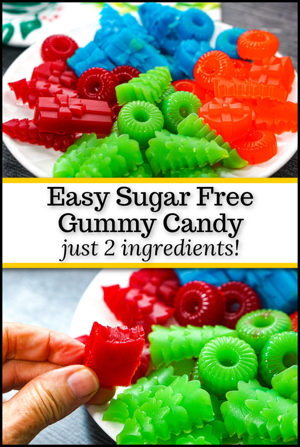 White plate with different flavor of keto gummy candy made from scratch with text overlay.