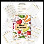Graphic showing some of the pages of the meal planner and text overlay.